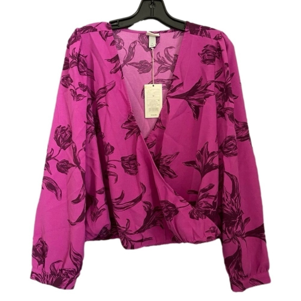 A New Day Pink Floral Wrap Blouse Long Sleeve